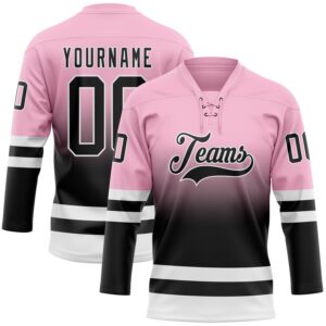 Custom Light Pink Black-White Fade Fashion Hockey Lace Neck Jersey